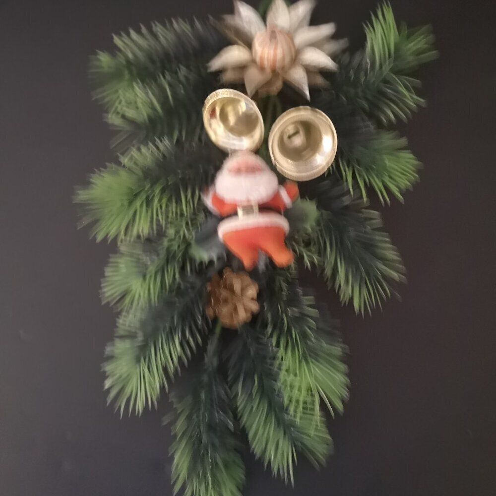 Vintage Flocked Santa & Christmas Plastic Pine Spruce Sprig Wall Hanging